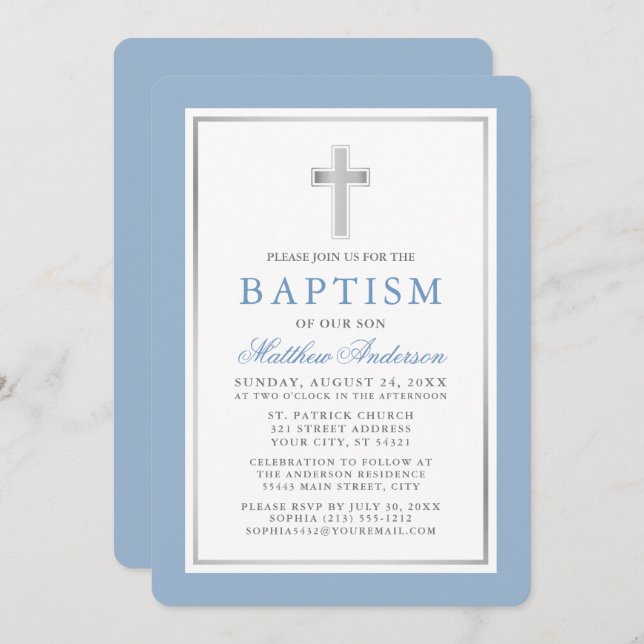 Elegant Light Blue and Silver Baptism Invitation (Front/Back)