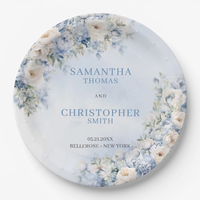 Elegant light Blue and white Flowers eucalyptus Paper Plate (Front)