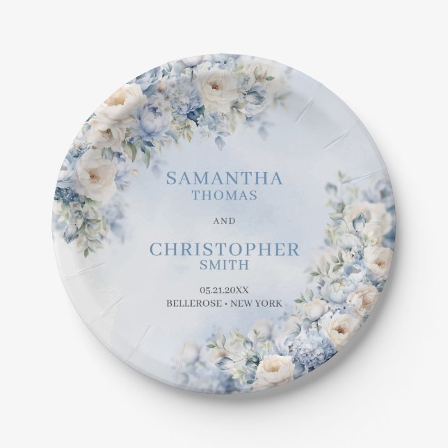 Elegant light Blue and white Flowers eucalyptus Paper Plate (Front)