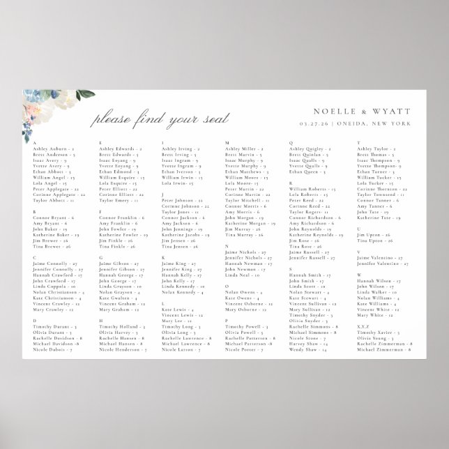 Elegant Light Blue Botanical Wedding Seating Plan  Poster (Front)