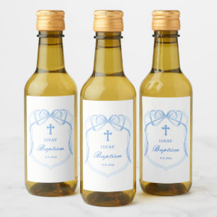 Elegant Light Blue Bow Crest Baptism Wine Label