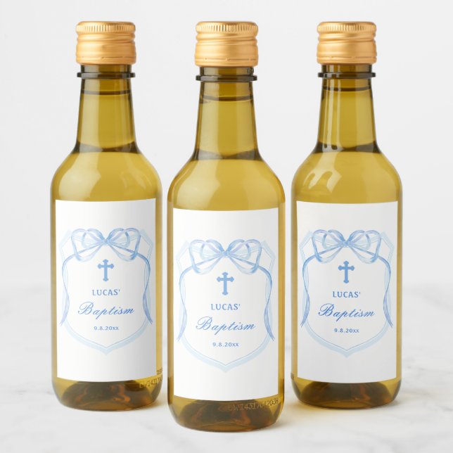 Elegant Light Blue Bow Crest Baptism Wine Label (Bottles)