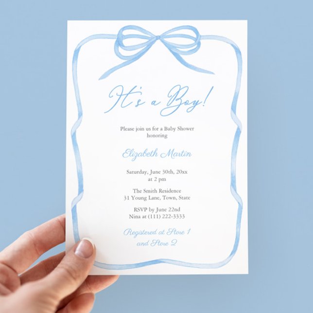 Elegant Light Blue Bow Its A Boy Baby Shower Party Invitation (It's A Boy! Classic blue and white baby shower party invitation featuring a watercolor ribbon bow)