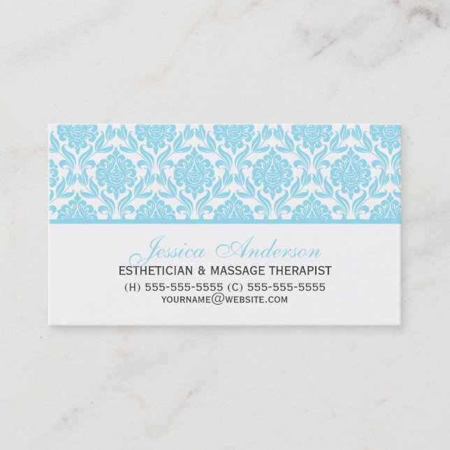 Elegant Light Blue Damask Pattern Business Card (Front)