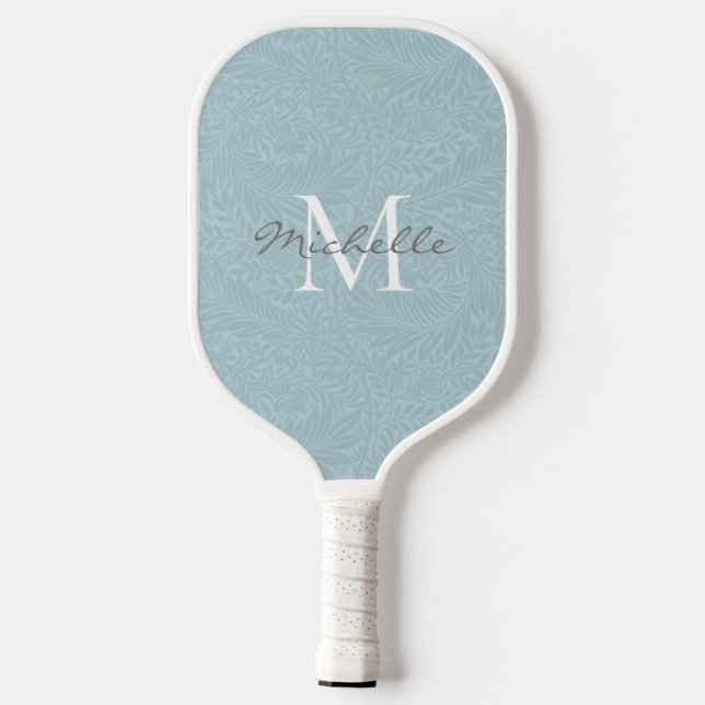 Elegant Light Blue Floral Botanical Monogram Pickleball Paddle (Back)