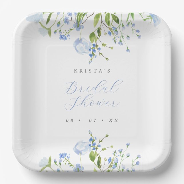 Elegant Light Blue Floral Bridal Shower Paper Plate (Front)