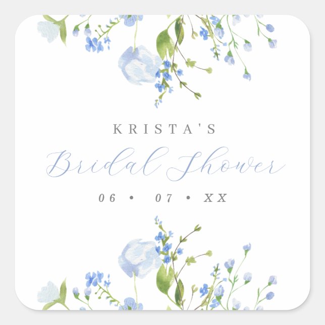 Elegant Light Blue Floral Bridal Shower Square Sticker (Front)