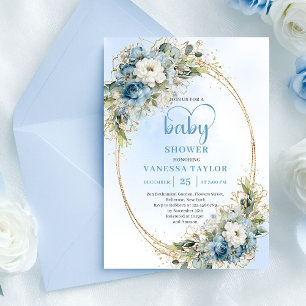 Elegant Light Blue Floral Eucalyptus Gold Shower  Invitation
