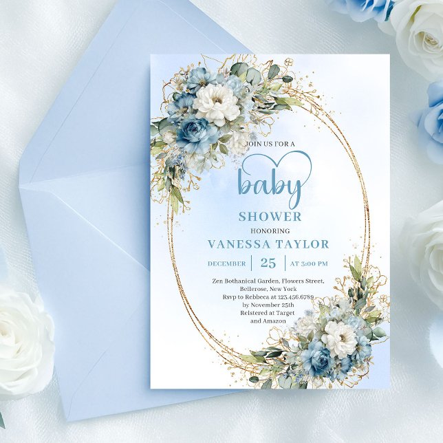 Elegant Light Blue Floral Eucalyptus Gold Shower  Invitation (Elegant Light Blue Floral Eucalyptus Gold Shower Card

)