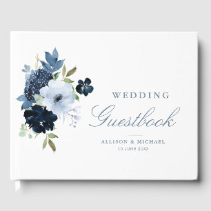 Elegant light blue floral navy wedding guestbook