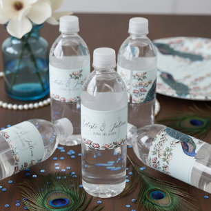 Elegant Light Blue Floral Peacock Wedding Water Bottle Label