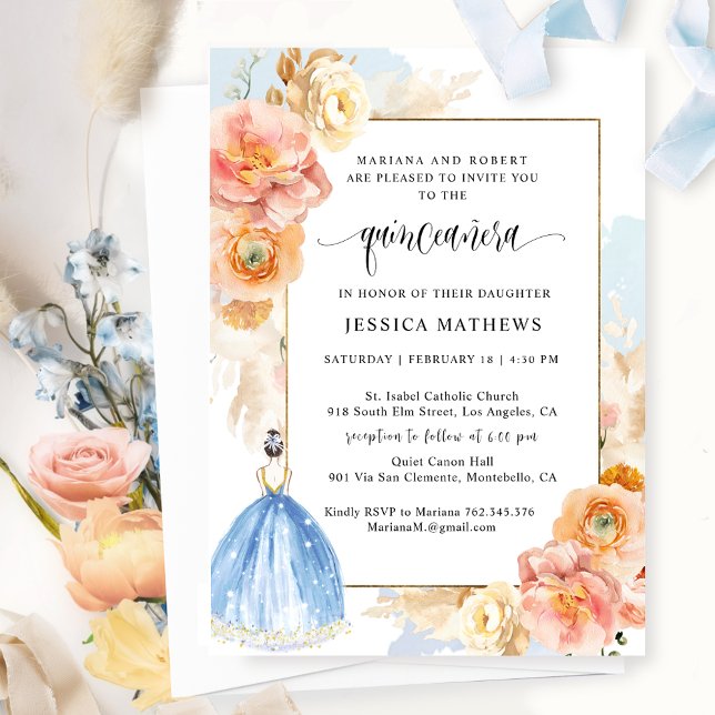 Elegant Light Blue Floral Princess Quinceañera Invitation (Creator Uploaded)