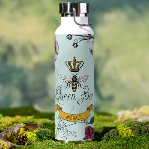 Elegant Light Blue Floral Queen Bee Personalised Water Bottle
