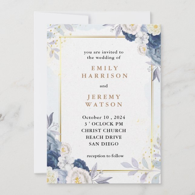 Elegant Light Blue Floral Wedding Invitation (Front)