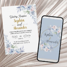Elegant Light Blue Floral Wedding Invitation Desc