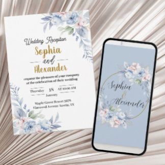 Elegant Light Blue Floral Wedding Invitation Desc