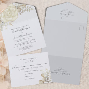 Elegant Light Blue Floral Wedding RSVP All In One Invitation