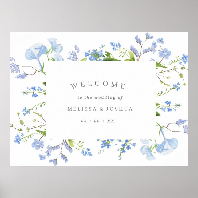 Elegant Light Blue Floral Wedding Welcome Poster (Front)