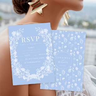 Elegant light blue floral wreath bohemian wedding RSVP card