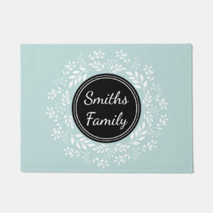 Elegant Light Blue Floral Wreath Custom Text Doormat