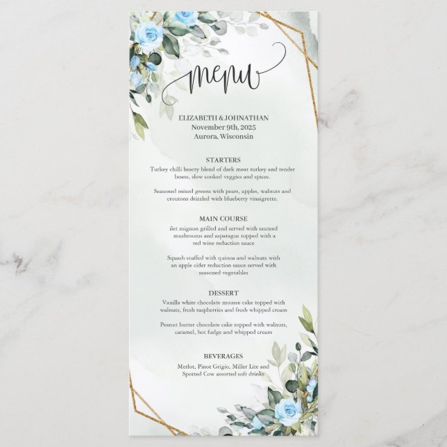 Elegant Light blue flowers eucalyptus and gold Menu (Front)