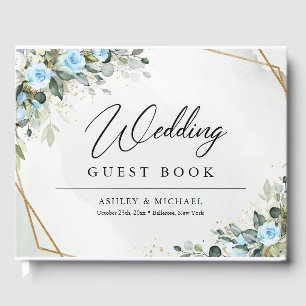 Elegant Light blue flowers eucalyptus gold wedding Guest Book
