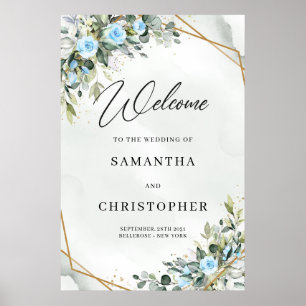 Elegant Light blue flowers eucalyptus welcome Poster