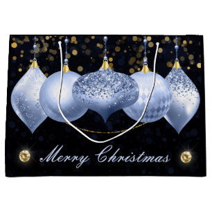 Elegant Light Blue & Gold Baubles Merry Christmas Large Gift Bag