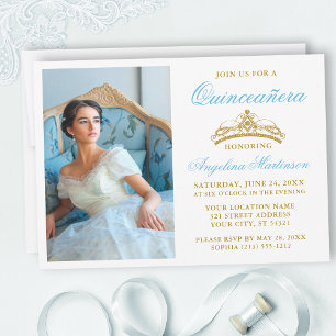Elegant Light Blue Gold Crown Photo Quinceanera Invitation