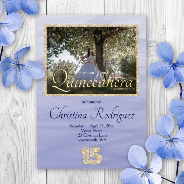 Elegant Light Blue, Gold Glitter 15 Quinceanera (elegant light blue and gold quinceanera invitations gold glitter 15 15th mis quince anos)