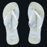 Elegant Light Blue & Gold Lacy Bridesmaid Wedding Flip Flops<br><div class="desc">These elegant wedding flip flops are a great way to thank and recognise your bridesmaids, while giving their feet a rest after a long day. The beautiful design features an elegant design with lacy golden frills on a pale powder blue coloured background and fancy gold coloured script lettering. The text...</div>