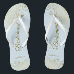 Elegant Light Blue & Gold Lacy Bridesmaid Wedding Flip Flops<br><div class="desc">These elegant wedding flip flops are a great way to thank and recognise your bridesmaids, while giving their feet a rest after a long day. The beautiful design features an elegant design with lacy golden frills on a pale powder blue coloured background and fancy gold coloured script lettering. The text...</div>