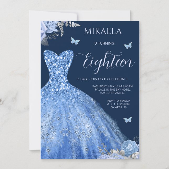 Elegant Light Blue Gown Floral 18th Birthday Invitation (Front)