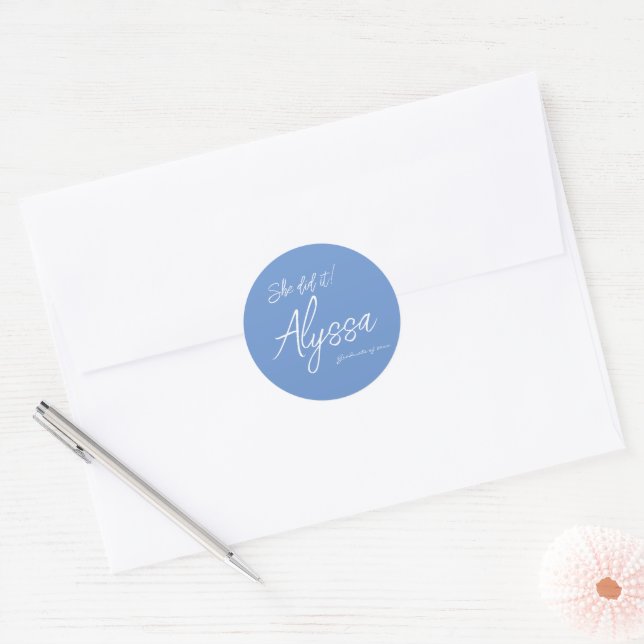 Elegant Light Blue Graduation Party She Did It Classic Round Sticker (Envelope)