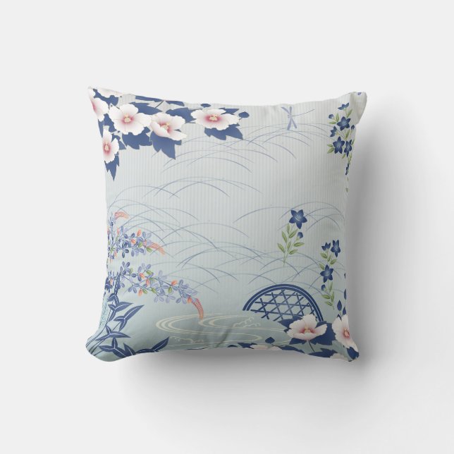 Elegant Light Blue Japanese Flower Garden Cushion (Front)