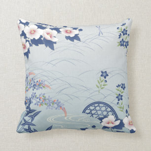 Elegant Light Blue Japanese Flower Garden Cushion