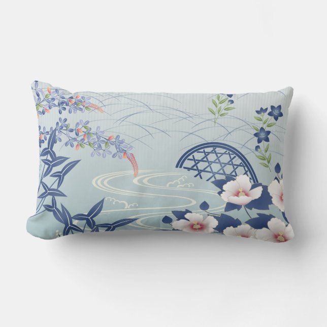 Elegant Light Blue Japanese Flower Garden Lumbar Cushion (Front)