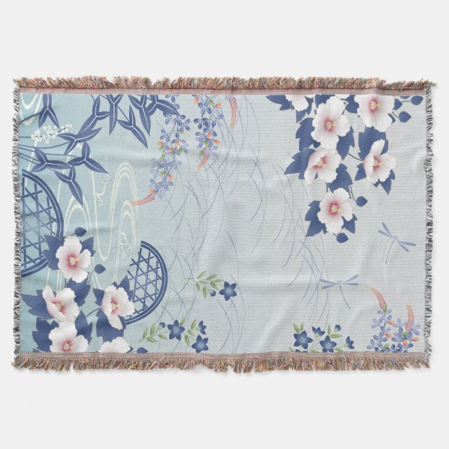 Elegant Light Blue Japanese Flower Garden Throw Blanket (Front)