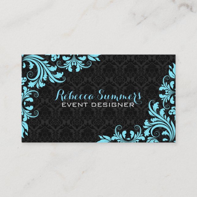 Elegant Light Blue Lace Black Damasks Business Card (Front)