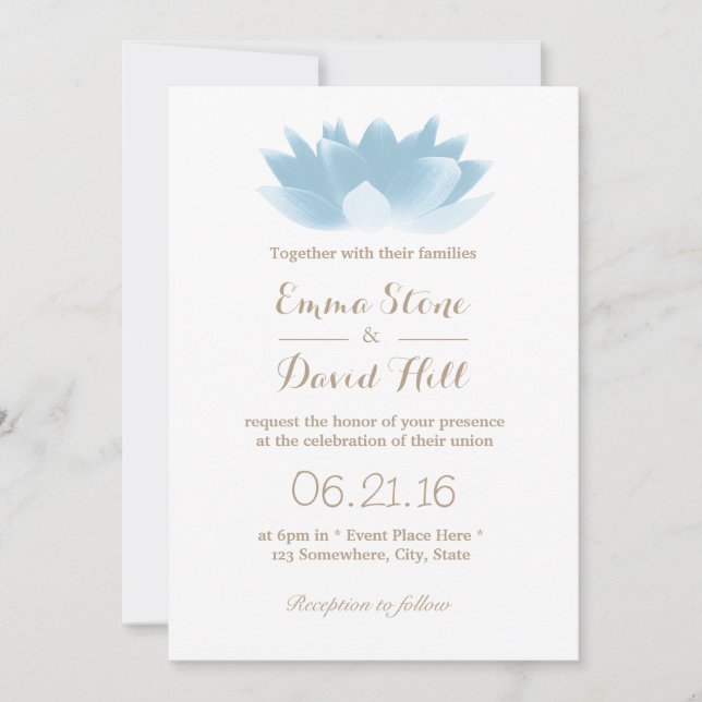 Elegant Light Blue Lotus Flower Wedding Invitation (Front)