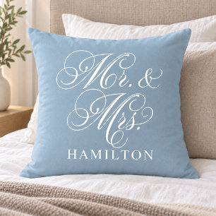 Elegant Light Blue Mr and Mrs Script Wedding Cushion
