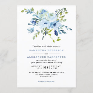 Elegant Light Blue Navy Floral Botanical Wedding Invitation