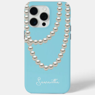 Elegant light blue Pearl necklace iPhone 15 Pro Max Case