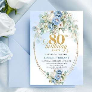 Elegant Light Blue Peony Floral Gold 80th Birthday Invitation