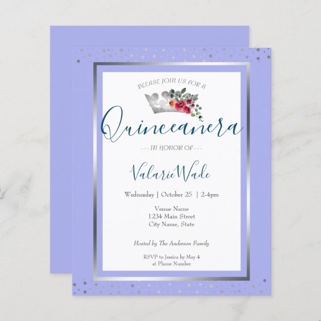 Elegant Light Blue Quinceanera Budget Invitation (Front/Back)