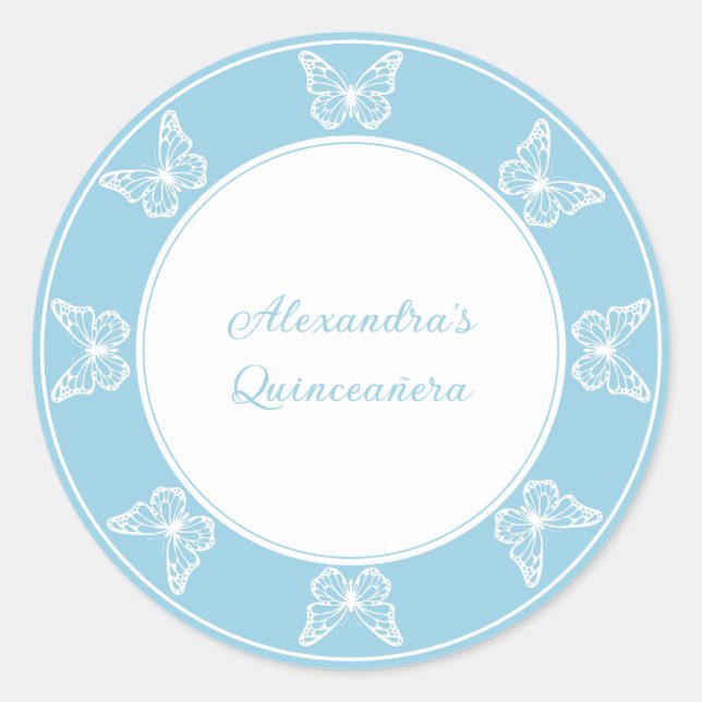 Elegant Light Blue Quinceañera - Butterfly Classy Classic Round Sticker (Front)