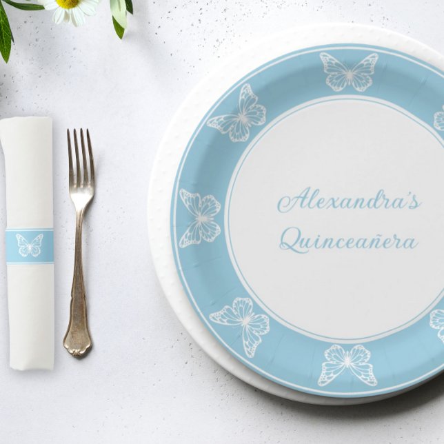 Elegant Light Blue Quinceañera - Butterfly Classy Paper Plate (Light blue quince decor - Disposable food plates)