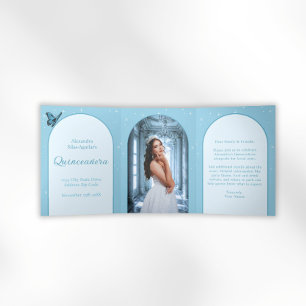 Elegant Light Blue Quinceañera - Custom Photo Tri-Fold Invitation