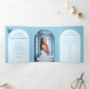 Elegant Light Blue Quinceañera - Photo Program Tri-Fold Invitation