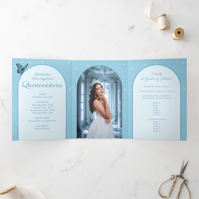 Elegant Light Blue Quinceañera - Photo Program Tri-Fold Invitation (Inside)